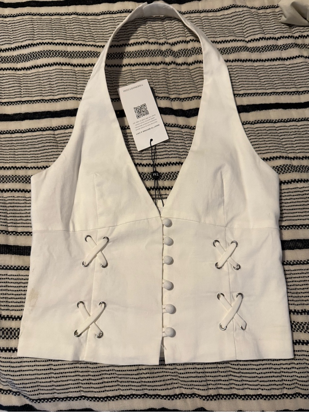 White Halter Corset-Style Button Front Women’s Top